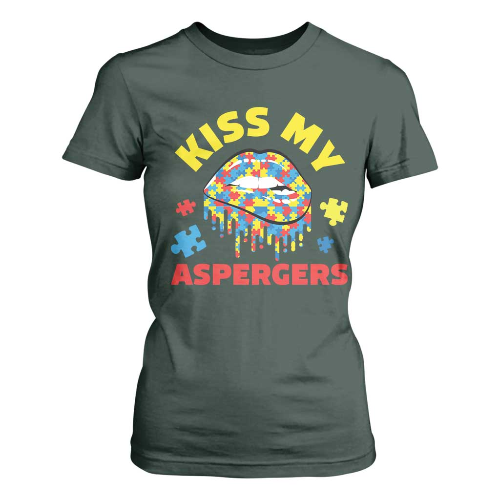 Funny Kiss My Aspergers T Shirt For Women Asperger Syndrome Autism Awareness Puzzle Lips TS11 Dark Forest Green Print Your Wear