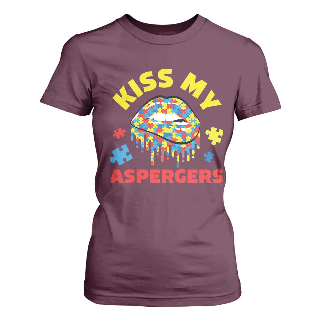 Funny Kiss My Aspergers T Shirt For Women Asperger Syndrome Autism Awareness Puzzle Lips TS11 Maroon Print Your Wear