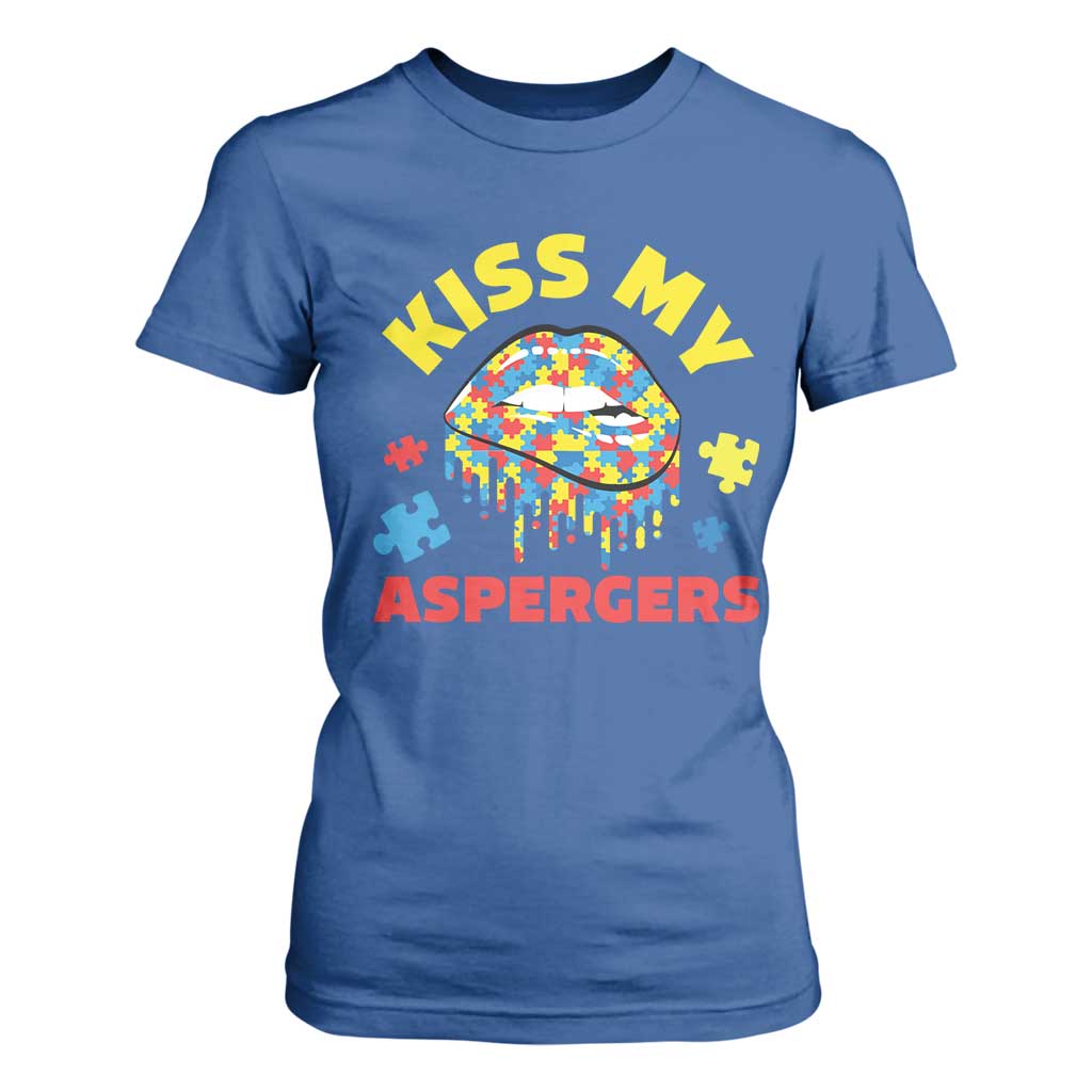 Funny Kiss My Aspergers T Shirt For Women Asperger Syndrome Autism Awareness Puzzle Lips TS11 Royal Blue Print Your Wear