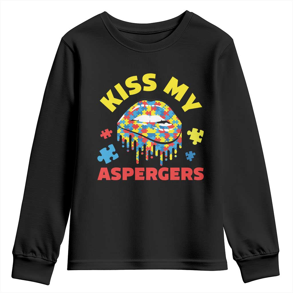 Funny Kiss My Aspergers Youth Sweatshirt Asperger Syndrome Autism Awareness Puzzle Lips TS11 Black Print Your Wear