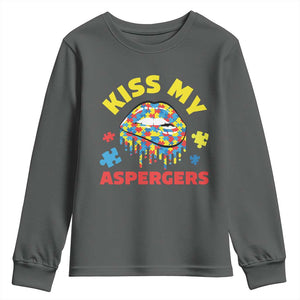 Funny Kiss My Aspergers Youth Sweatshirt Asperger Syndrome Autism Awareness Puzzle Lips TS11 Dark Heather Print Your Wear