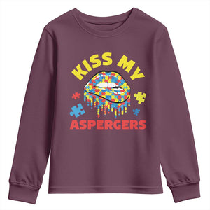 Funny Kiss My Aspergers Youth Sweatshirt Asperger Syndrome Autism Awareness Puzzle Lips TS11 Maroon Print Your Wear