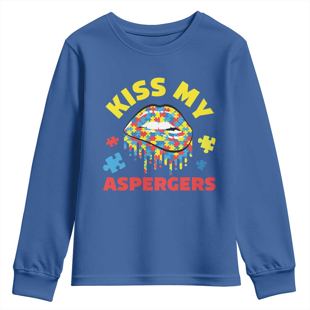 Funny Kiss My Aspergers Youth Sweatshirt Asperger Syndrome Autism Awareness Puzzle Lips TS11 Royal Blue Print Your Wear