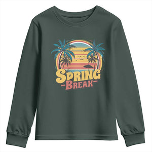 Funny Spring Break Youth Sweatshirt Spring Vacation Beach Palm Tree TS11 Dark Forest Green Print Your Wear