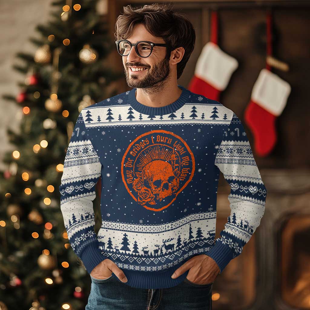 May The Bridges I Burn Light My Way Ugly Christmas Sweater Gothic Skull TS11 Navy Beige Print Your Wear