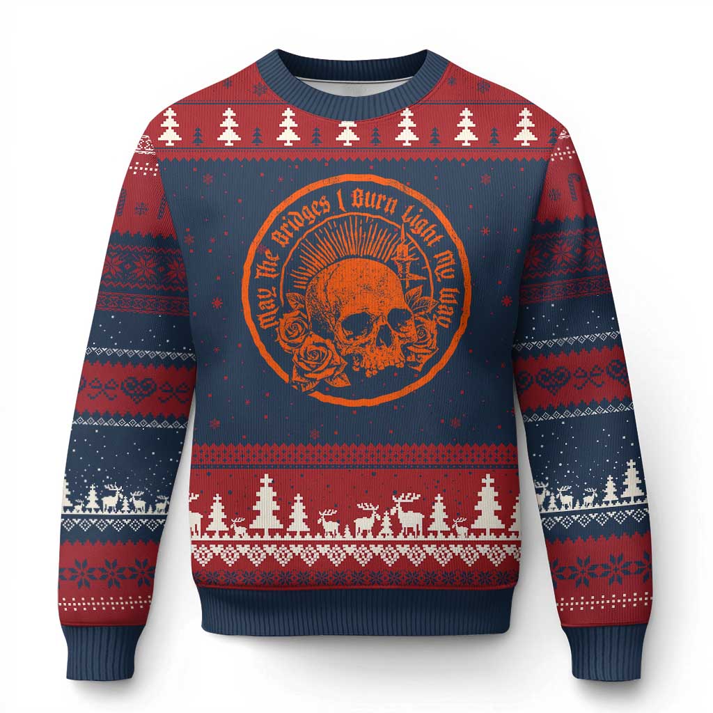 May The Bridges I Burn Light My Way Ugly Christmas Sweater Gothic Skull TS11 Navy Red Print Your Wear