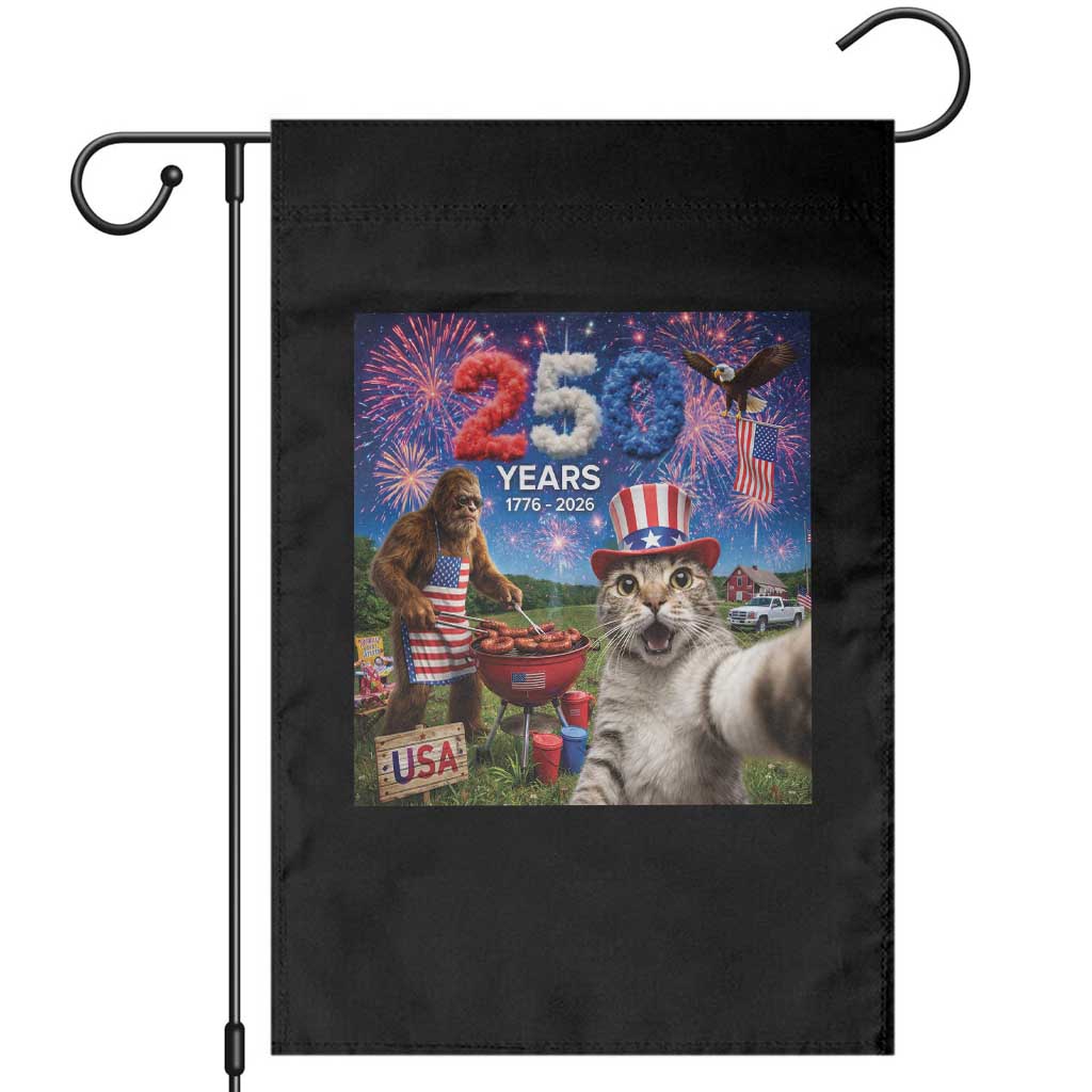 Cat Selfie with Bigfoot USA 250 Years Garden Flag Funny 4th Of July Cat Graphic TS11 Black Print Your Wear