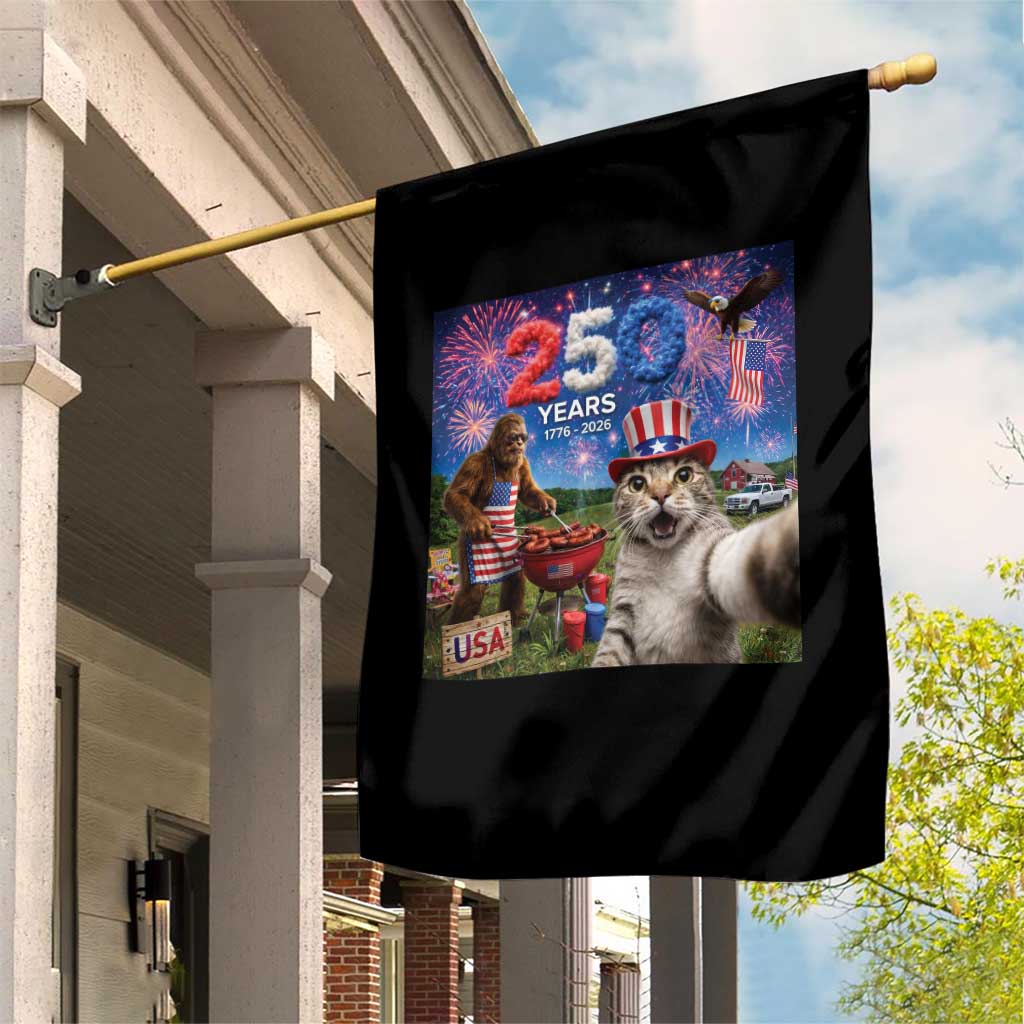 Cat Selfie with Bigfoot USA 250 Years Garden Flag Funny 4th Of July Cat Graphic TS11 Print Your Wear