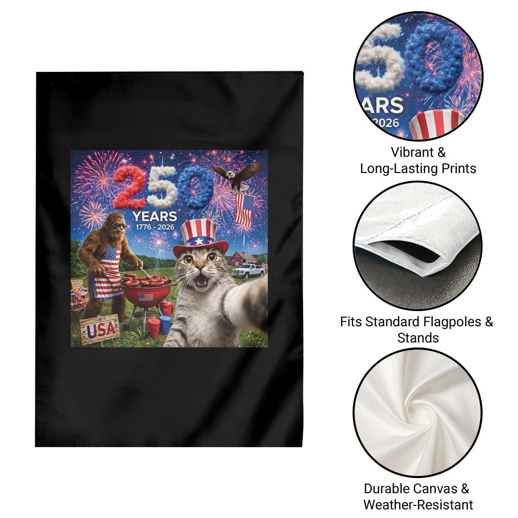 Cat Selfie with Bigfoot USA 250 Years Garden Flag Funny 4th Of July Cat Graphic TS11 Print Your Wear