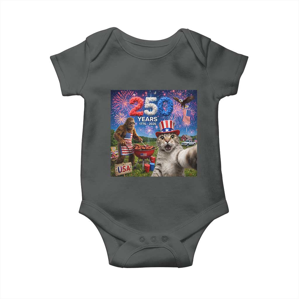 Cat Selfie with Bigfoot USA 250 Years Baby Onesie Funny 4th Of July Cat Graphic TS11 Dark Heather Print Your Wear