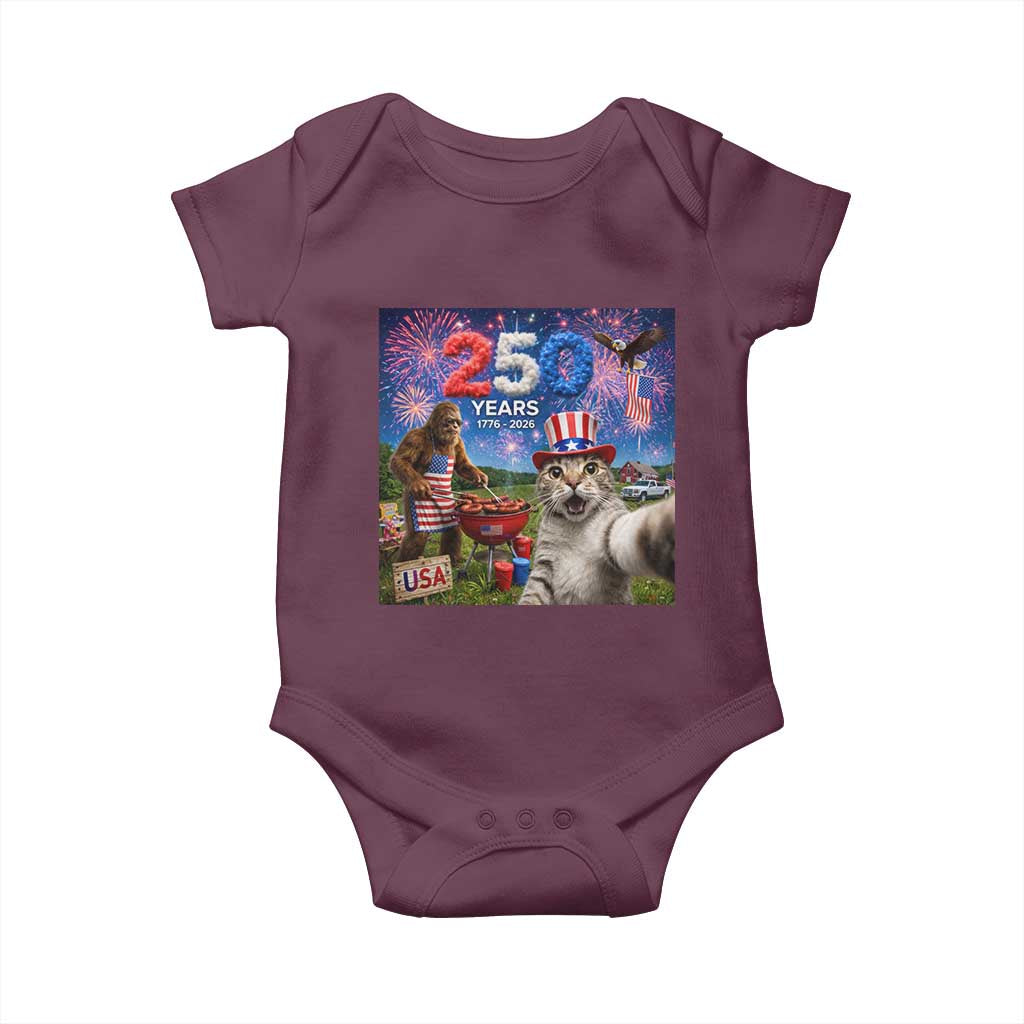 Cat Selfie with Bigfoot USA 250 Years Baby Onesie Funny 4th Of July Cat Graphic TS11 Maroon Print Your Wear