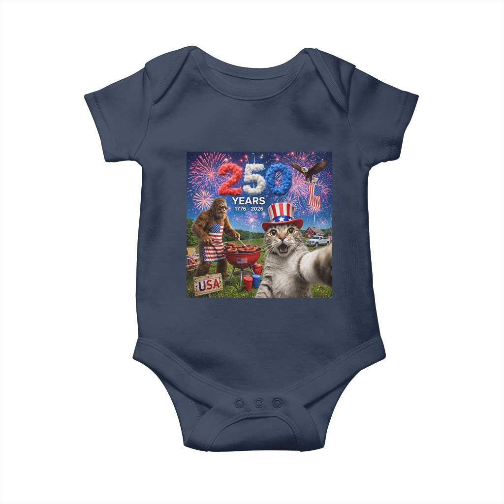 Cat Selfie with Bigfoot USA 250 Years Baby Onesie Funny 4th Of July Cat Graphic TS11 Navy Print Your Wear