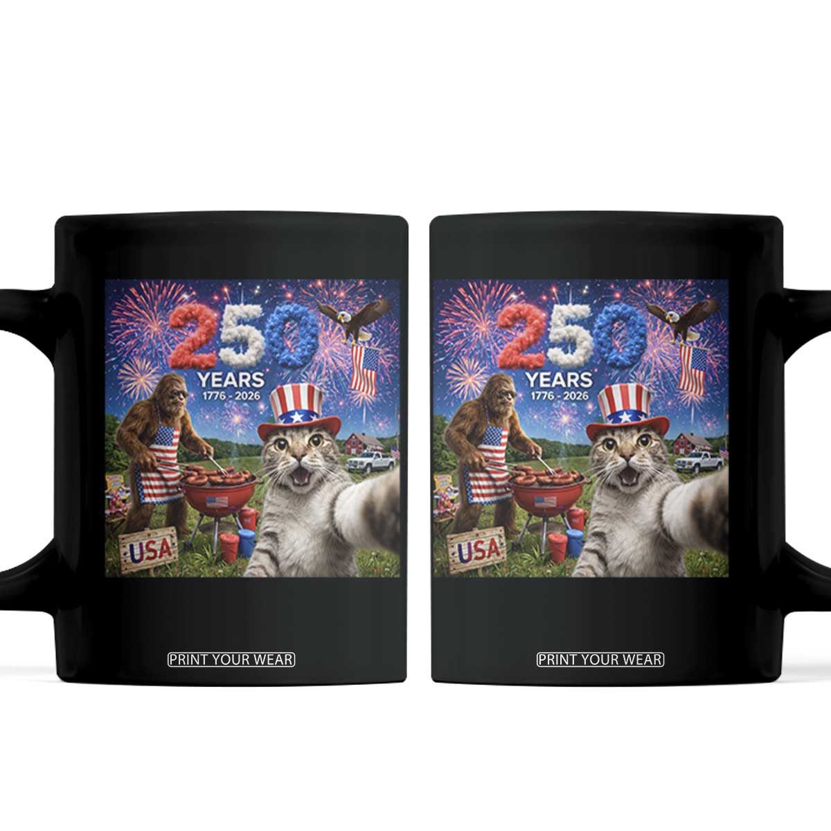 Cat Selfie with Bigfoot USA 250 Years Coffee Mug Funny 4th Of July Cat Graphic TS11 Black Print Your Wear
