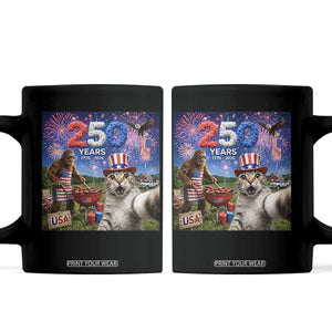 Cat Selfie with Bigfoot USA 250 Years Coffee Mug Funny 4th Of July Cat Graphic TS11 Black Print Your Wear