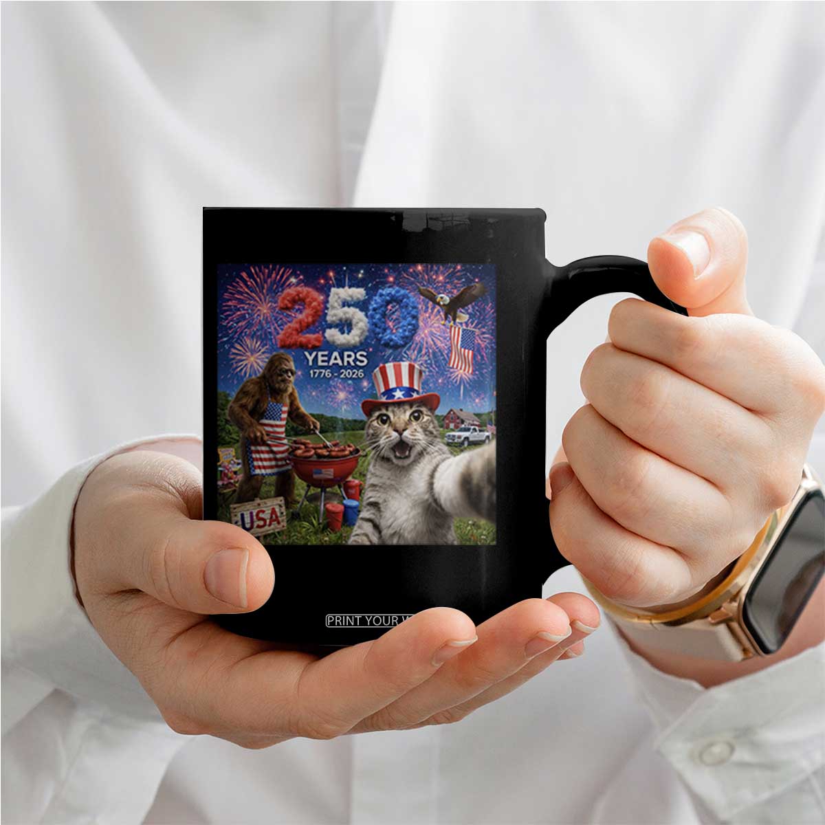 Cat Selfie with Bigfoot USA 250 Years Coffee Mug Funny 4th Of July Cat Graphic TS11 Print Your Wear