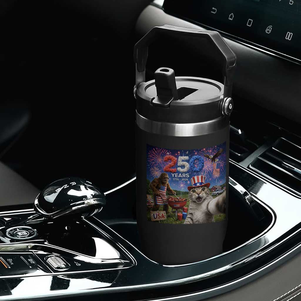Cat Selfie with Bigfoot USA 250 Years Flip Straw Tumbler Funny 4th Of July Cat Graphic TS11 Print Your Wear