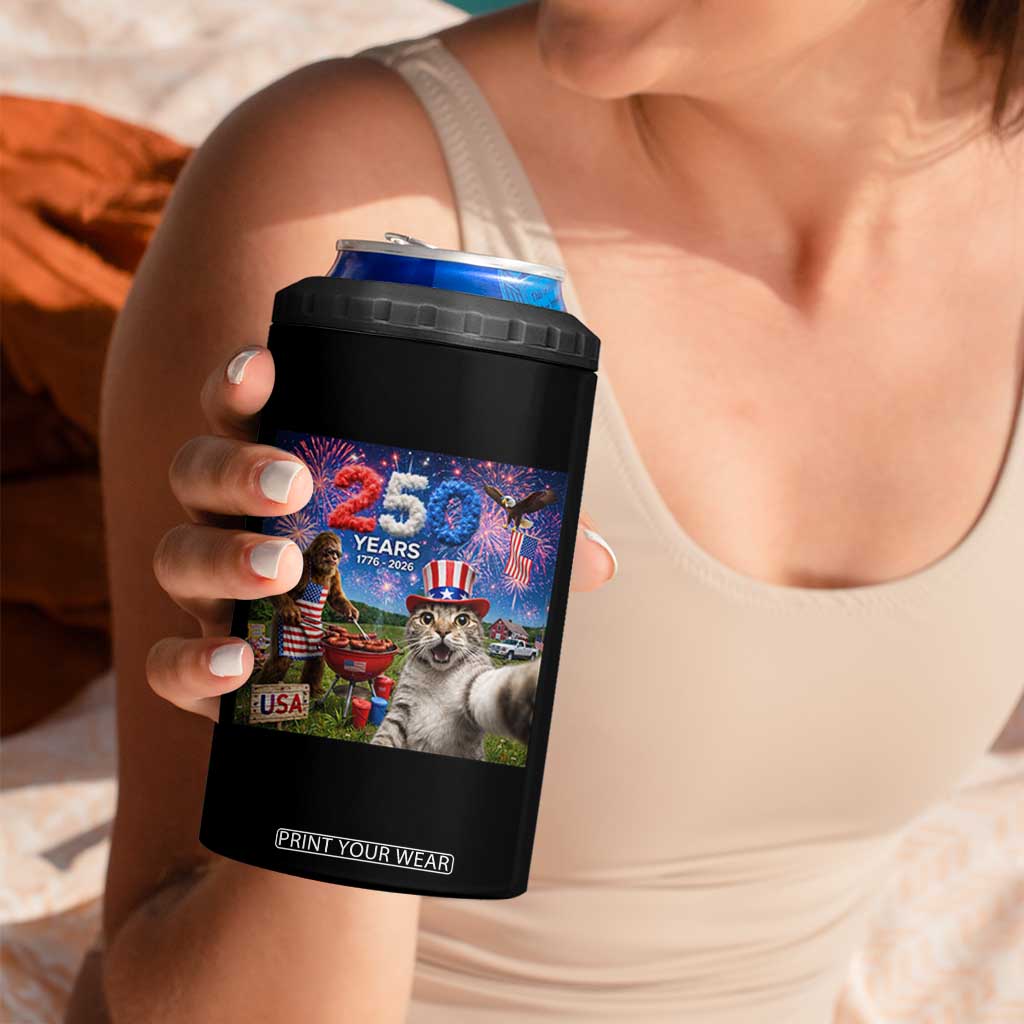Cat Selfie with Bigfoot USA 250 Years 4 in 1 Can Cooler Tumbler Funny 4th Of July Cat Graphic TS11 Print Your Wear