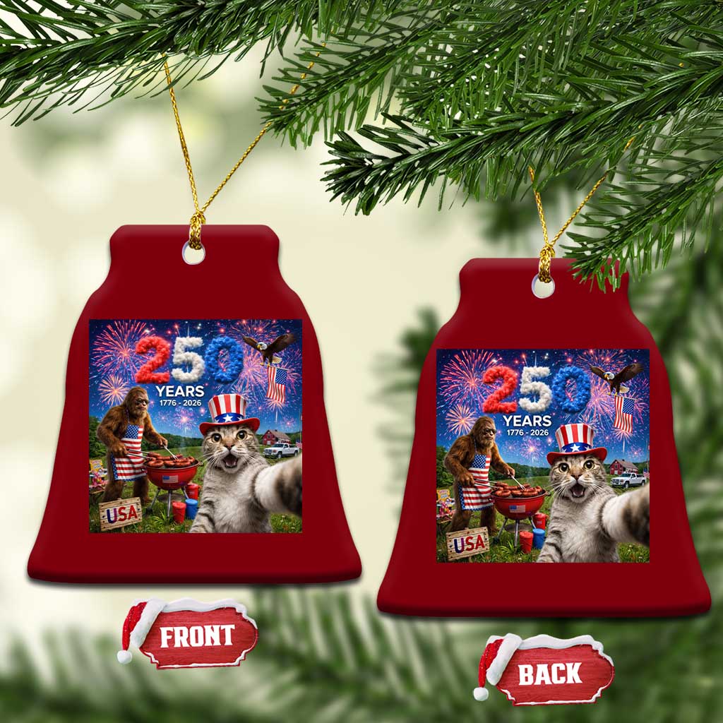 Cat Selfie with Bigfoot USA 250 Years Ceramic Ornament Funny 4th Of July Cat Graphic TS11 Print Your Wear