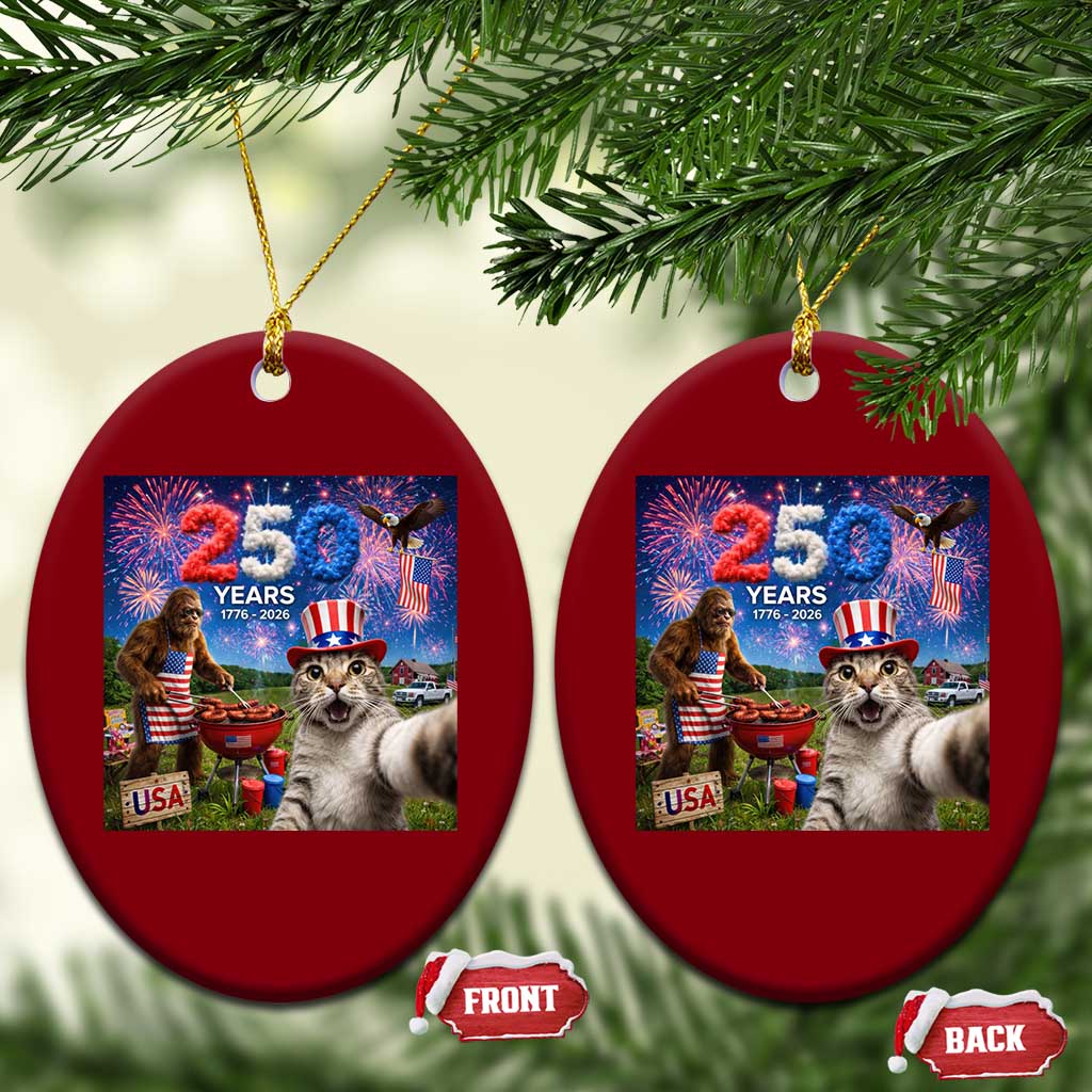 Cat Selfie with Bigfoot USA 250 Years Ceramic Ornament Funny 4th Of July Cat Graphic TS11 Print Your Wear