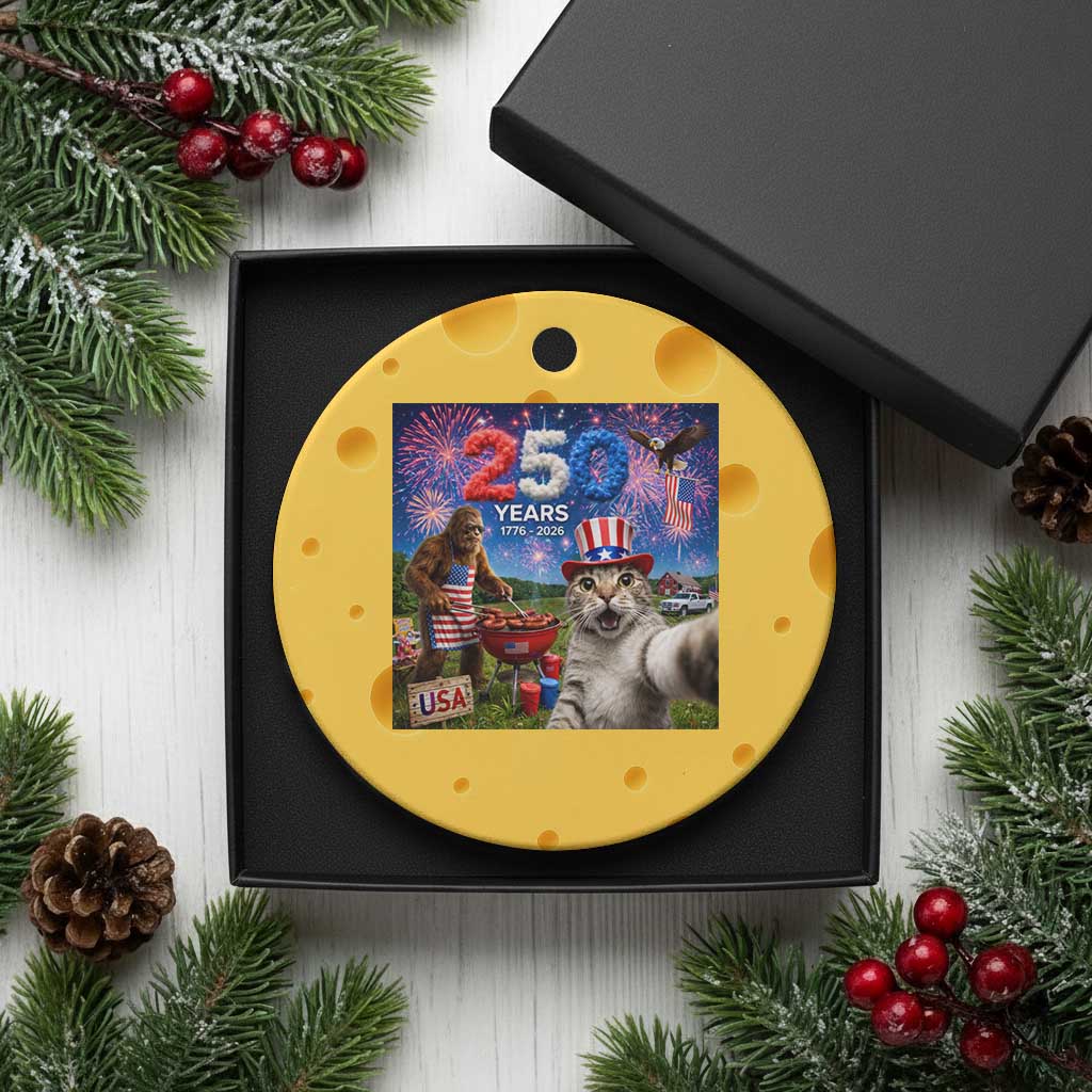 Cat Selfie with Bigfoot USA 250 Years Ceramic Ornament Funny 4th Of July Cat Graphic TS11 1pc Yellow Cheese Print Your Wear