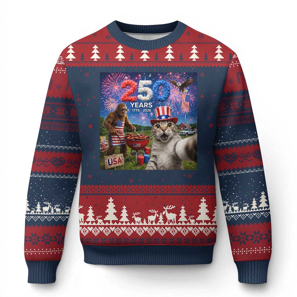 Cat Selfie with Bigfoot USA 250 Years Ugly Christmas Sweater Funny 4th Of July Cat Graphic TS11 Navy Red Print Your Wear