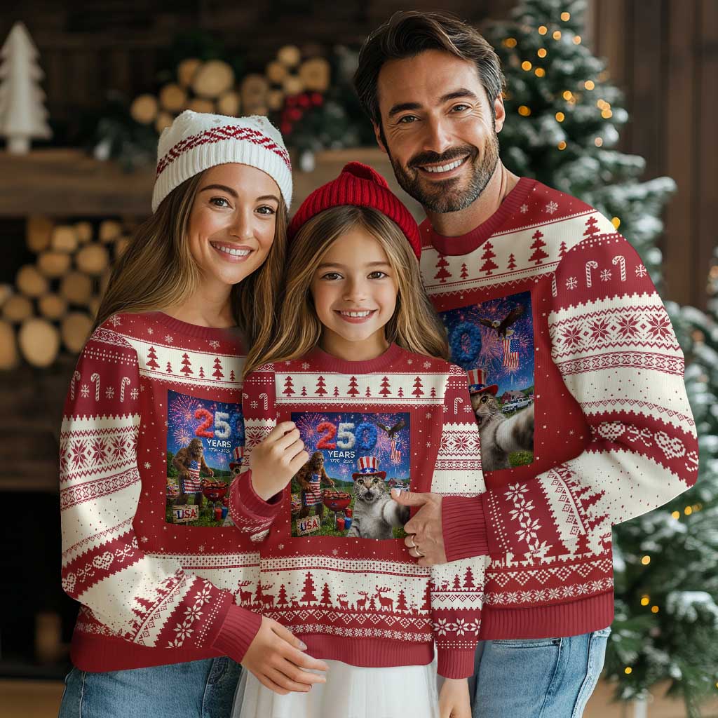 Cat Selfie with Bigfoot USA 250 Years Ugly Christmas Sweater Funny 4th Of July Cat Graphic TS11 Red Beige Print Your Wear