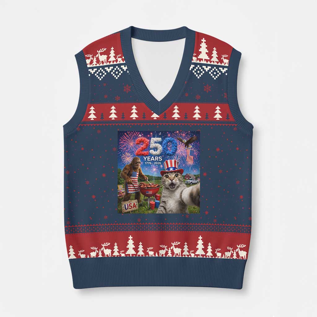 Cat Selfie with Bigfoot USA 250 Years V-Neck Knit Sweater Vest Funny 4th Of July Cat Graphic TS11 Navy Red Print Your Wear