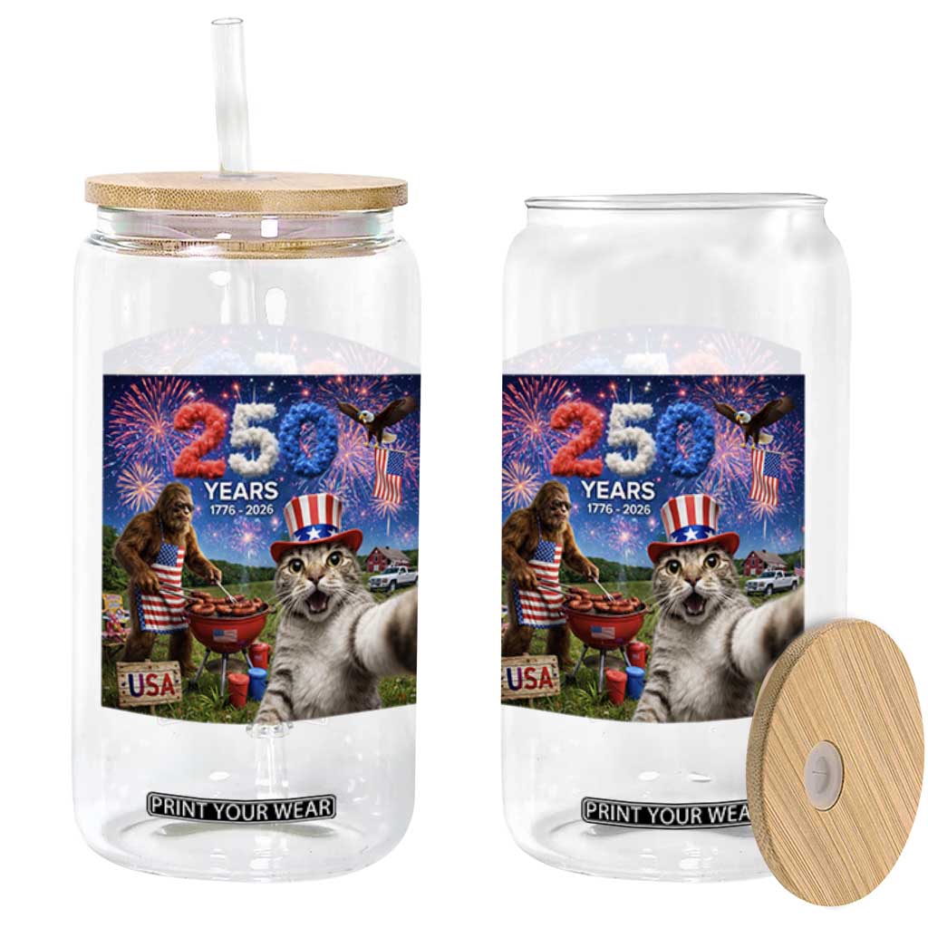 Cat Selfie with Bigfoot USA 250 Years Glass Can Funny 4th Of July Cat Graphic TS11 Print Your Wear