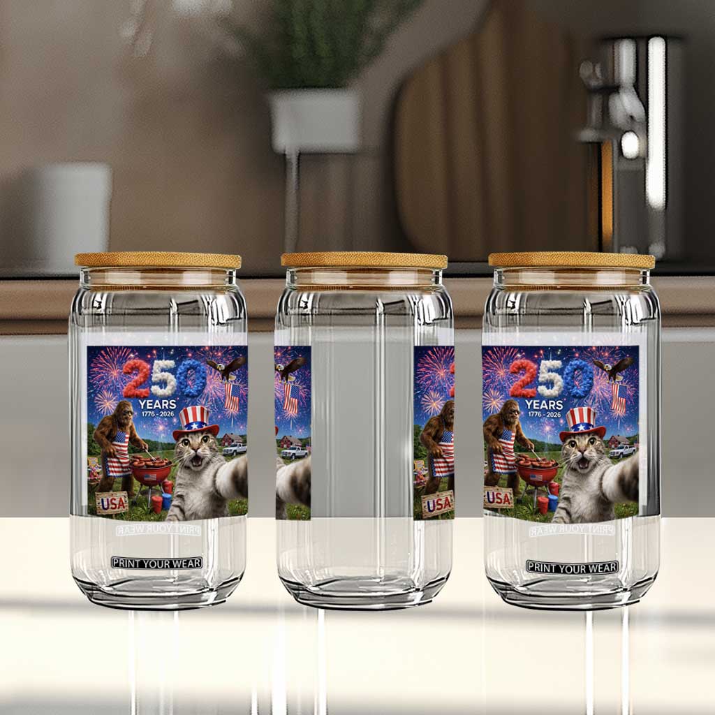 Cat Selfie with Bigfoot USA 250 Years Glass Can Funny 4th Of July Cat Graphic TS11 Print Your Wear