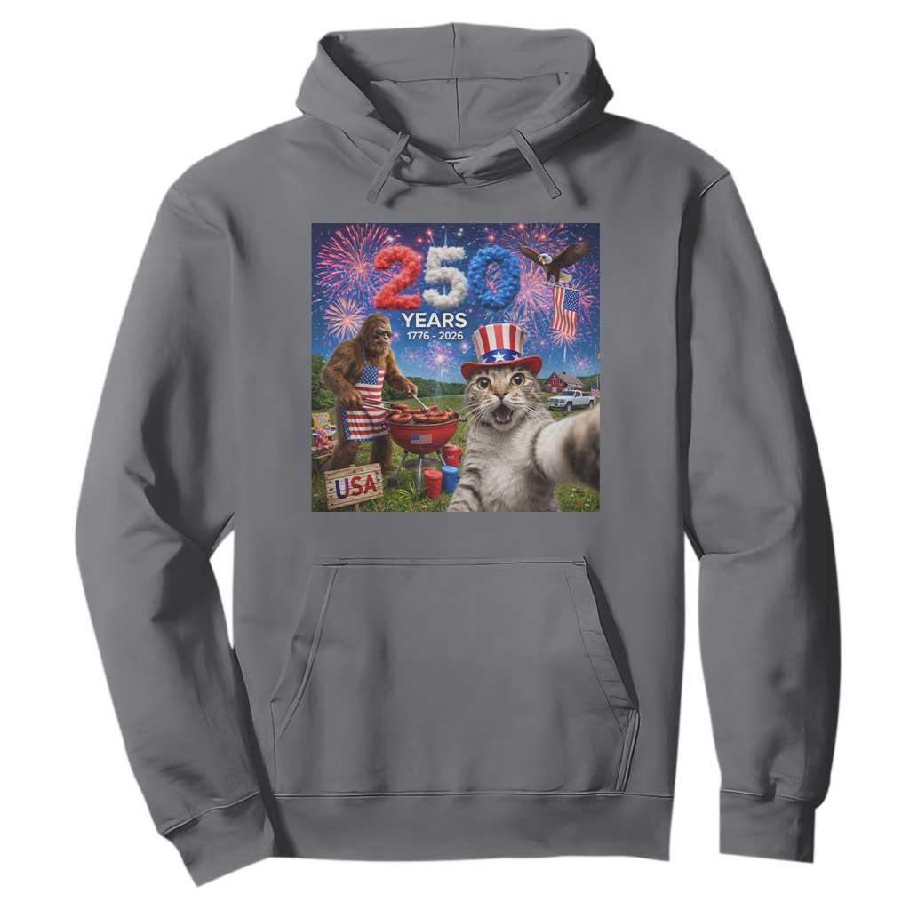 Cat Selfie with Bigfoot USA 250 Years Hoodie Funny 4th Of July Cat Graphic TS11 Charcoal Print Your Wear