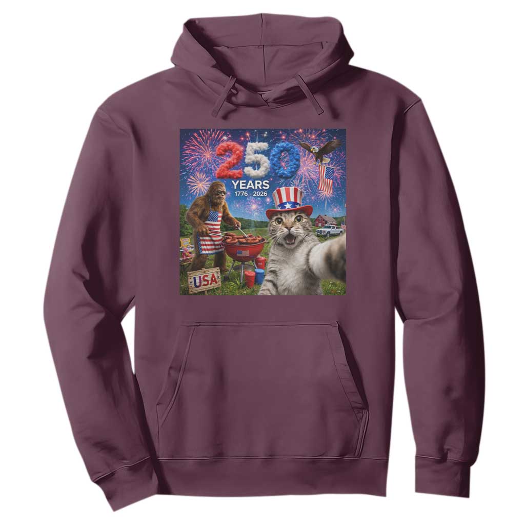 Cat Selfie with Bigfoot USA 250 Years Hoodie Funny 4th Of July Cat Graphic TS11 Maroon Print Your Wear