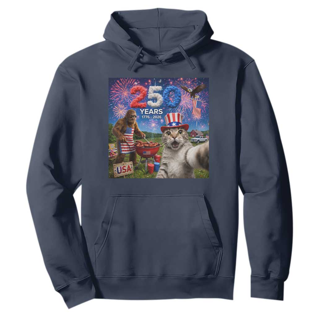 Cat Selfie with Bigfoot USA 250 Years Hoodie Funny 4th Of July Cat Graphic TS11 Navy Print Your Wear