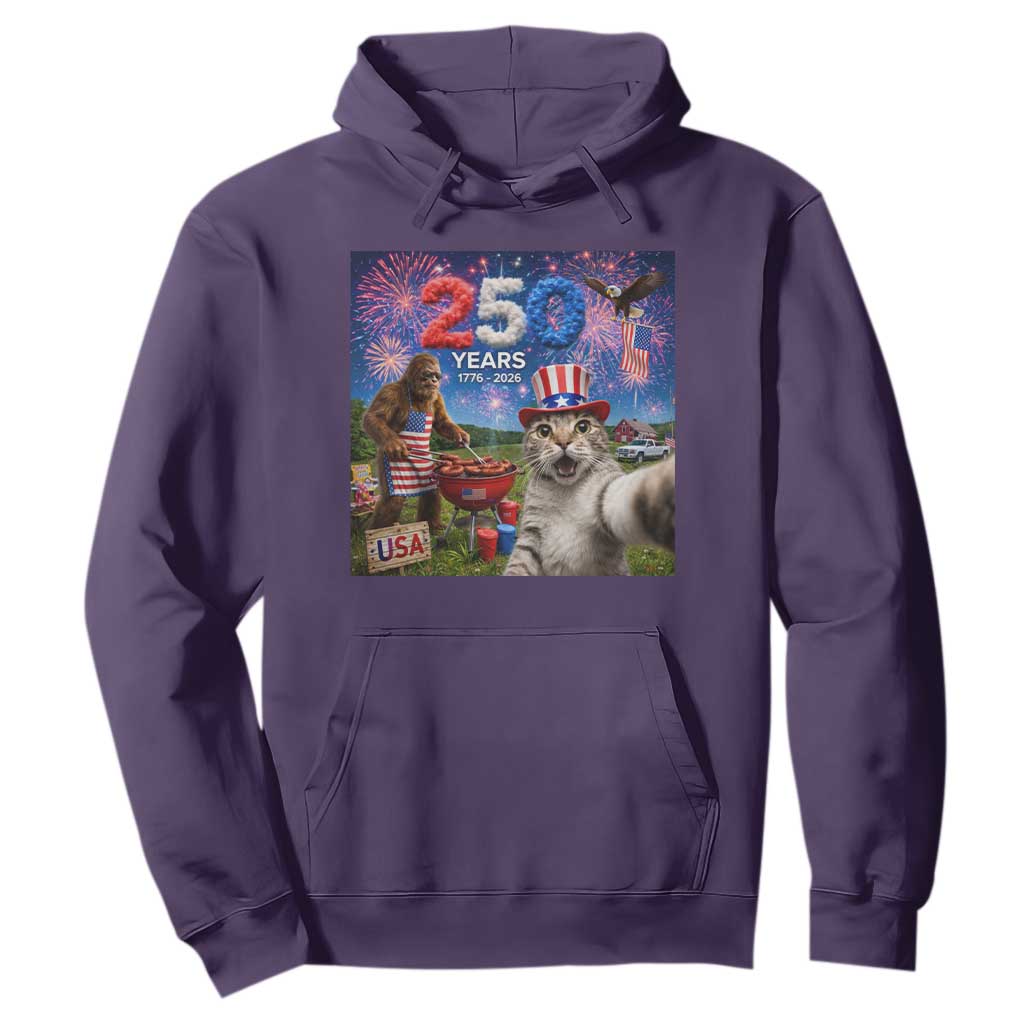 Cat Selfie with Bigfoot USA 250 Years Hoodie Funny 4th Of July Cat Graphic TS11 Purple Print Your Wear