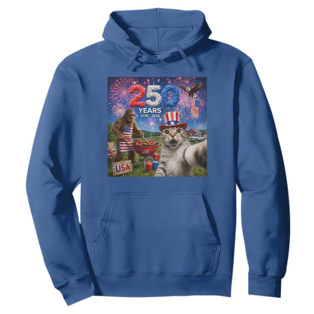 Cat Selfie with Bigfoot USA 250 Years Hoodie Funny 4th Of July Cat Graphic TS11 Royal Blue Print Your Wear