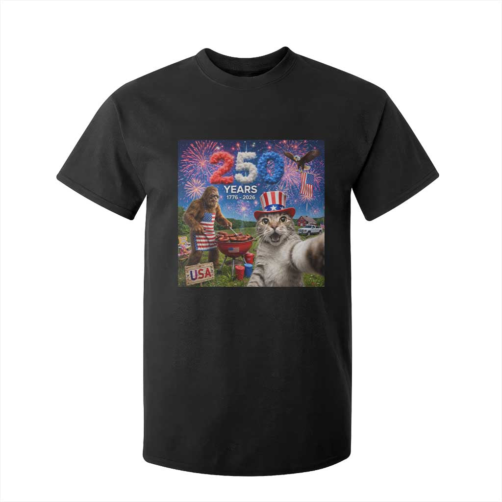 Cat Selfie with Bigfoot USA 250 Years T Shirt For Kid Funny 4th Of July Cat Graphic TS11 Black Print Your Wear
