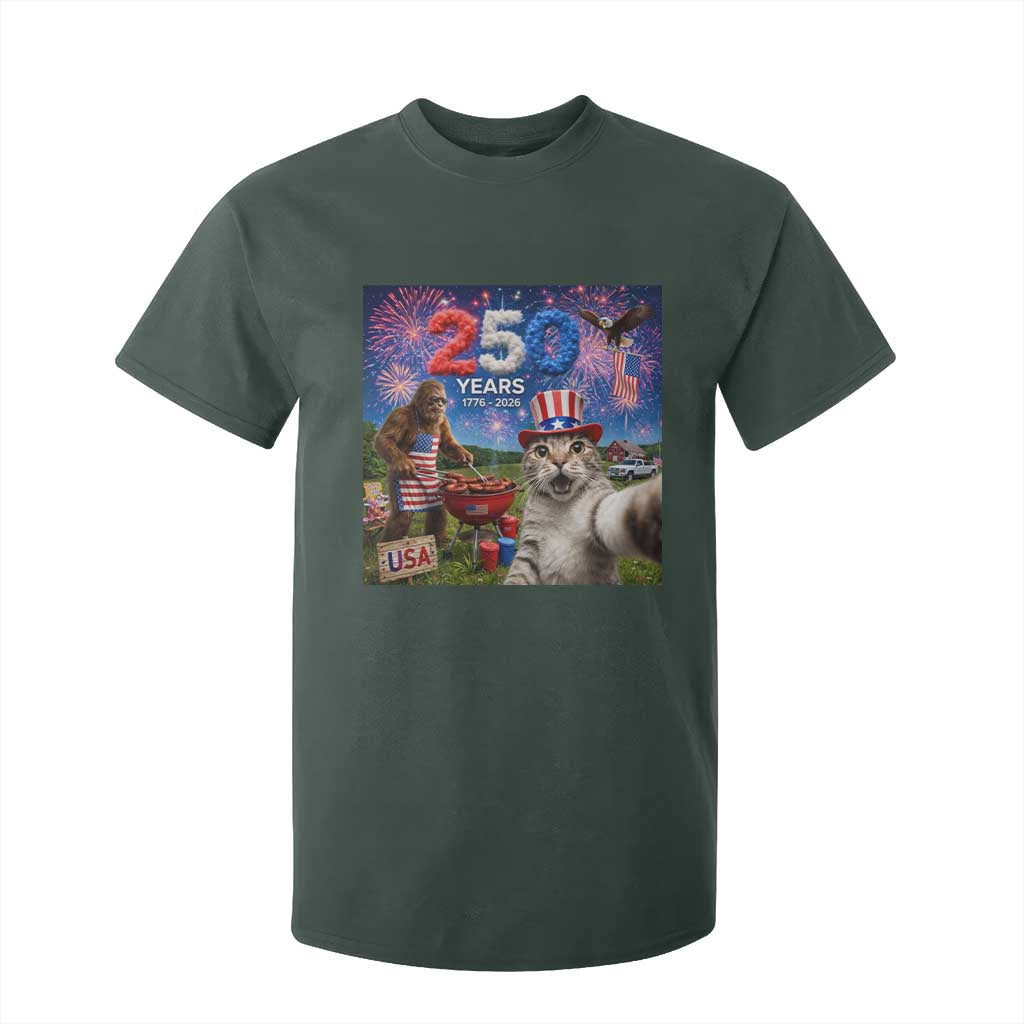 Cat Selfie with Bigfoot USA 250 Years T Shirt For Kid Funny 4th Of July Cat Graphic TS11 Dark Forest Green Print Your Wear