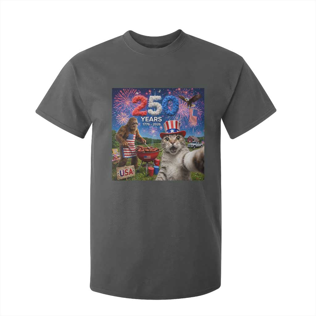 Cat Selfie with Bigfoot USA 250 Years T Shirt For Kid Funny 4th Of July Cat Graphic TS11 Dark Heather Print Your Wear