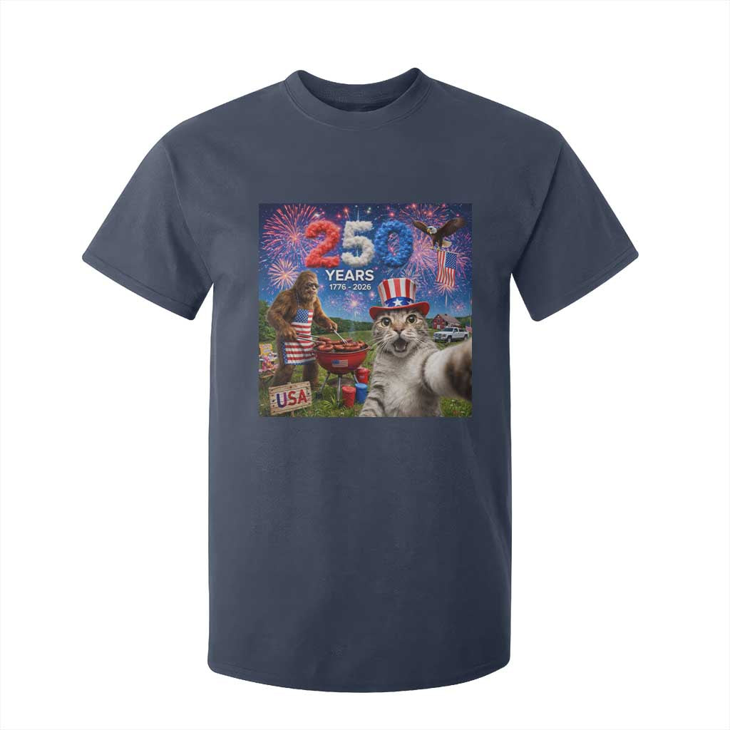 Cat Selfie with Bigfoot USA 250 Years T Shirt For Kid Funny 4th Of July Cat Graphic TS11 Navy Print Your Wear