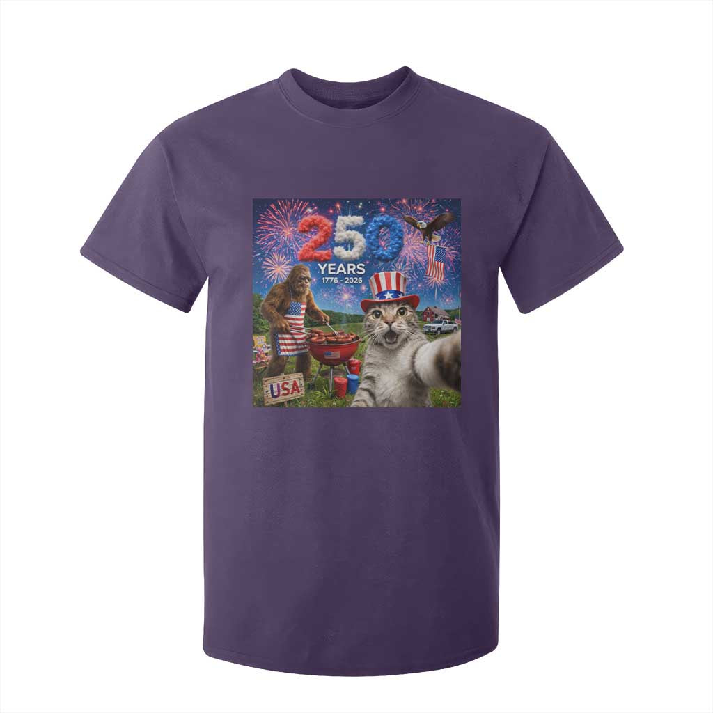 Cat Selfie with Bigfoot USA 250 Years T Shirt For Kid Funny 4th Of July Cat Graphic TS11 Purple Print Your Wear