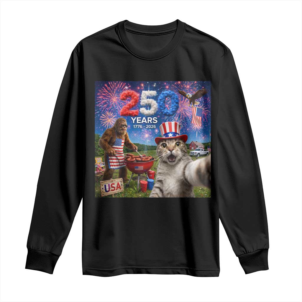 Cat Selfie with Bigfoot USA 250 Years Long Sleeve Shirt Funny 4th Of July Cat Graphic TS11 Black Print Your Wear