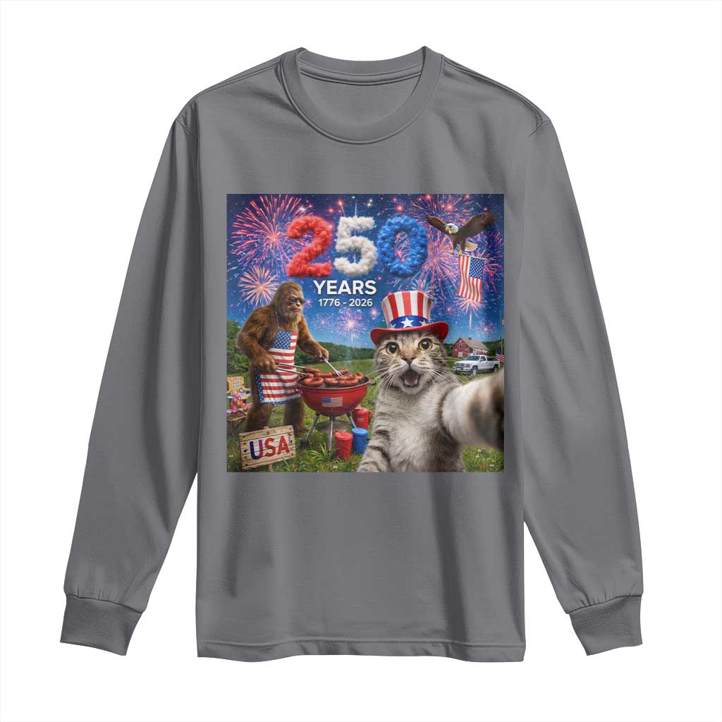 Cat Selfie with Bigfoot USA 250 Years Long Sleeve Shirt Funny 4th Of July Cat Graphic TS11 Charcoal Print Your Wear