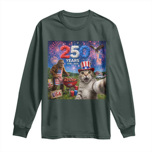 Cat Selfie with Bigfoot USA 250 Years Long Sleeve Shirt Funny 4th Of July Cat Graphic TS11 Dark Forest Green Print Your Wear