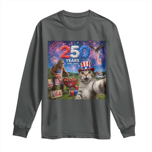 Cat Selfie with Bigfoot USA 250 Years Long Sleeve Shirt Funny 4th Of July Cat Graphic TS11 Dark Heather Print Your Wear