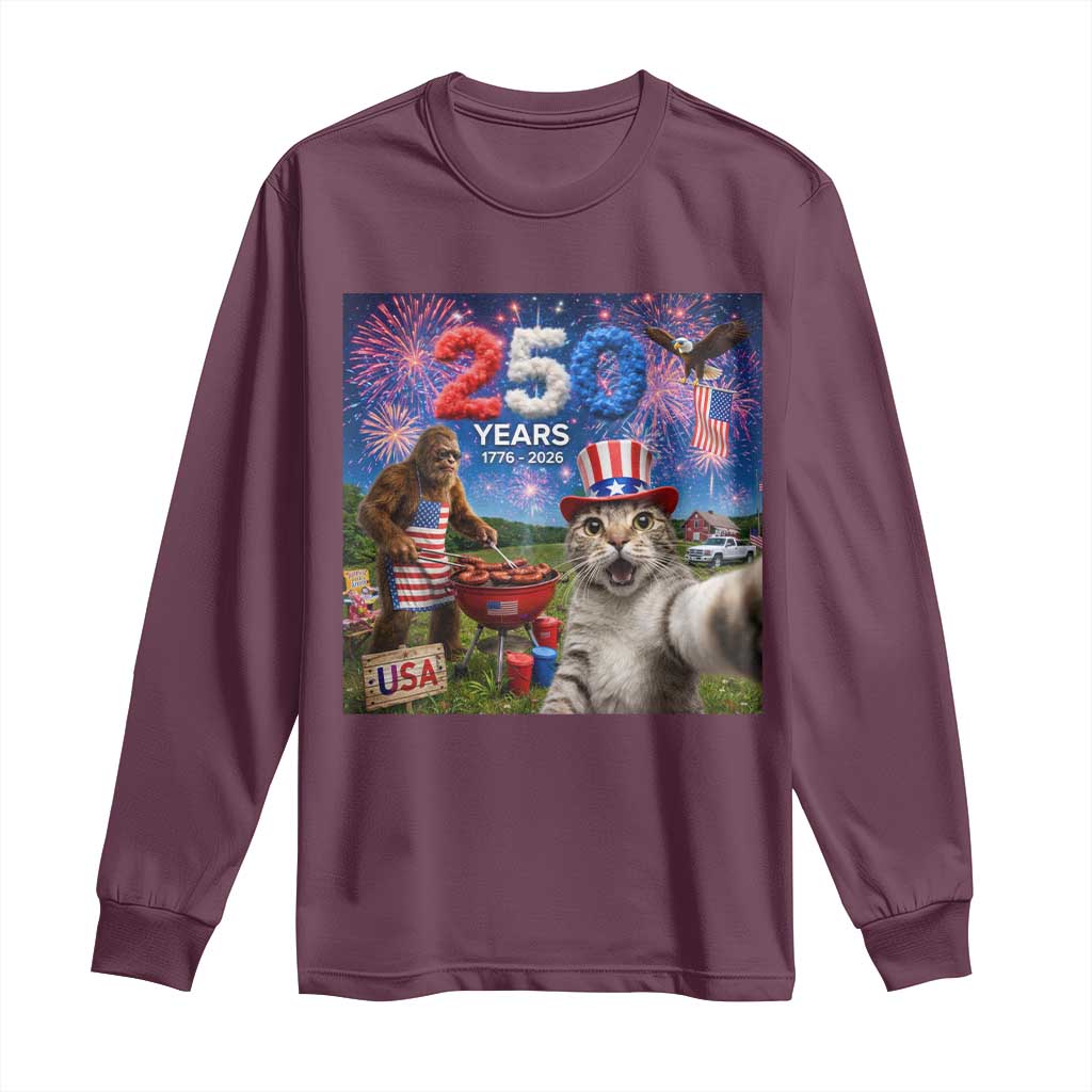 Cat Selfie with Bigfoot USA 250 Years Long Sleeve Shirt Funny 4th Of July Cat Graphic TS11 Maroon Print Your Wear