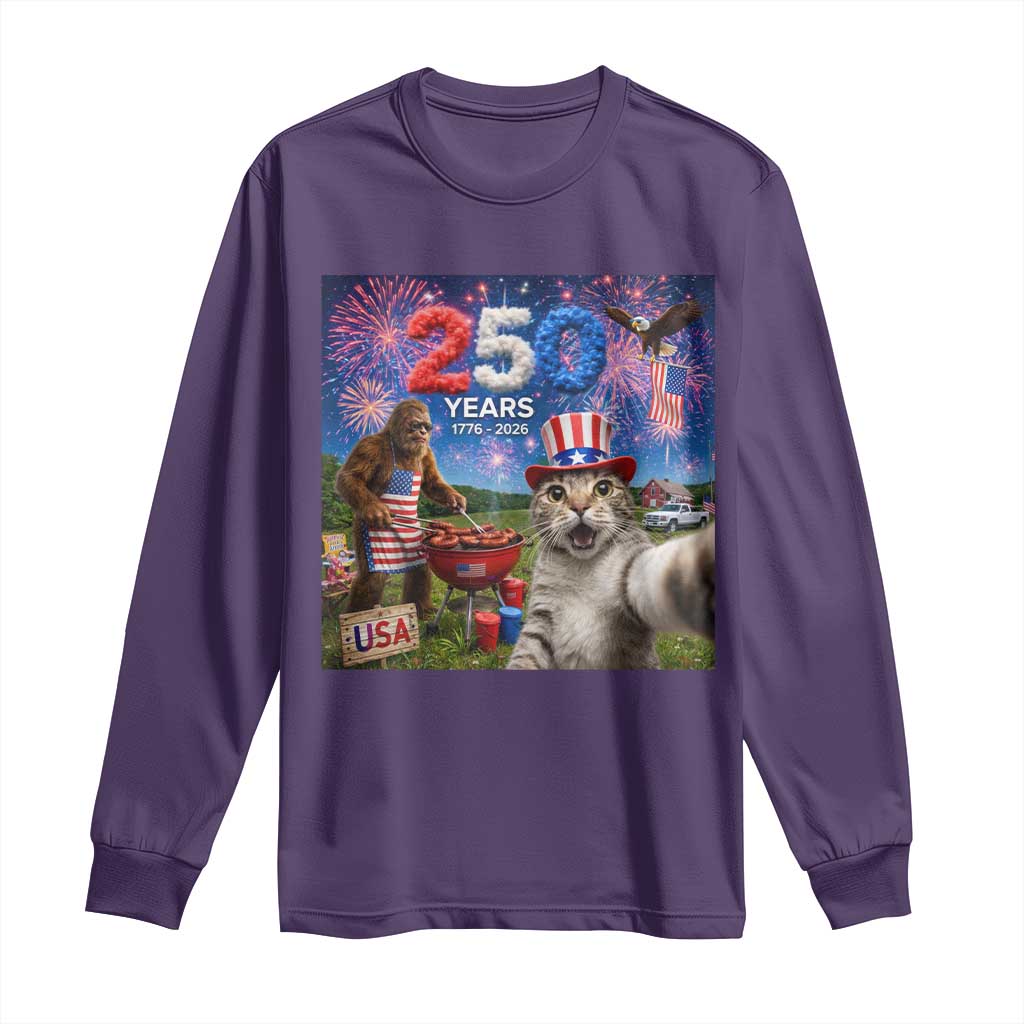 Cat Selfie with Bigfoot USA 250 Years Long Sleeve Shirt Funny 4th Of July Cat Graphic TS11 Purple Print Your Wear