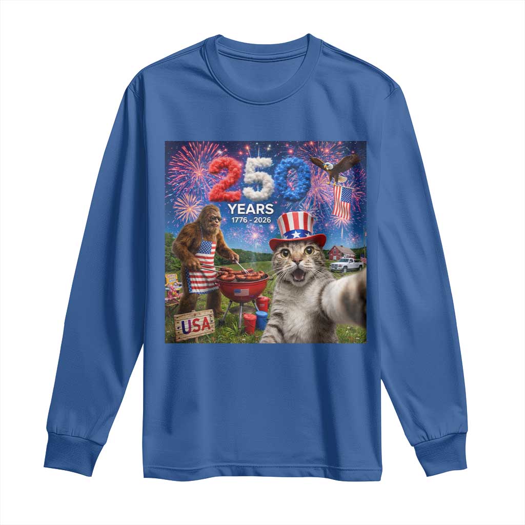 Cat Selfie with Bigfoot USA 250 Years Long Sleeve Shirt Funny 4th Of July Cat Graphic TS11 Royal Blue Print Your Wear