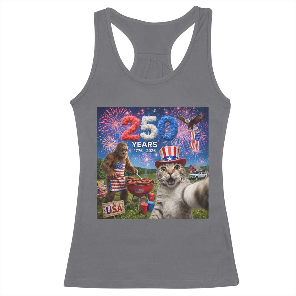Cat Selfie with Bigfoot USA 250 Years Racerback Tank Top Funny 4th Of July Cat Graphic TS11 Charcoal Print Your Wear