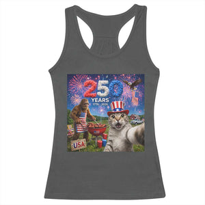 Cat Selfie with Bigfoot USA 250 Years Racerback Tank Top Funny 4th Of July Cat Graphic TS11 Dark Heather Print Your Wear