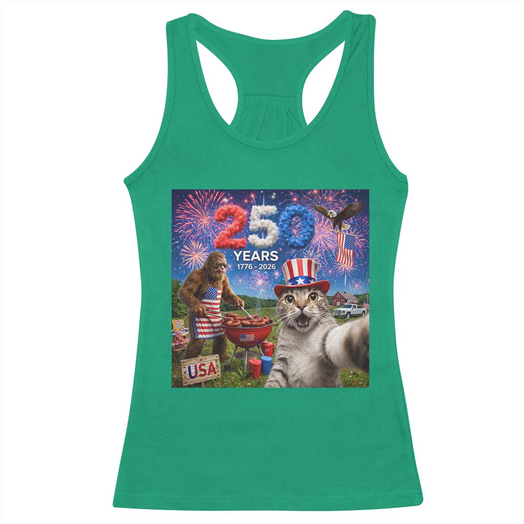 Cat Selfie with Bigfoot USA 250 Years Racerback Tank Top Funny 4th Of July Cat Graphic TS11 Irish Green Print Your Wear
