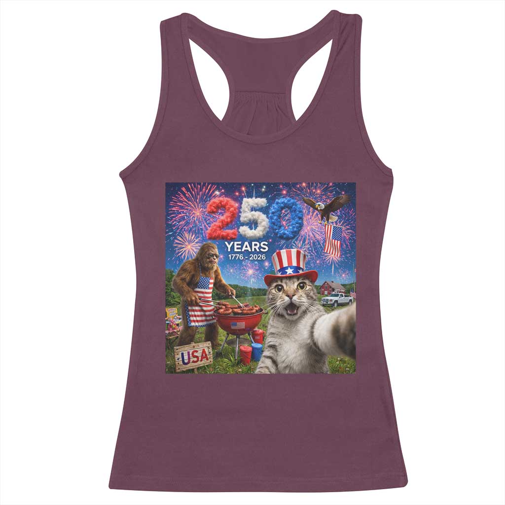 Cat Selfie with Bigfoot USA 250 Years Racerback Tank Top Funny 4th Of July Cat Graphic TS11 Maroon Print Your Wear